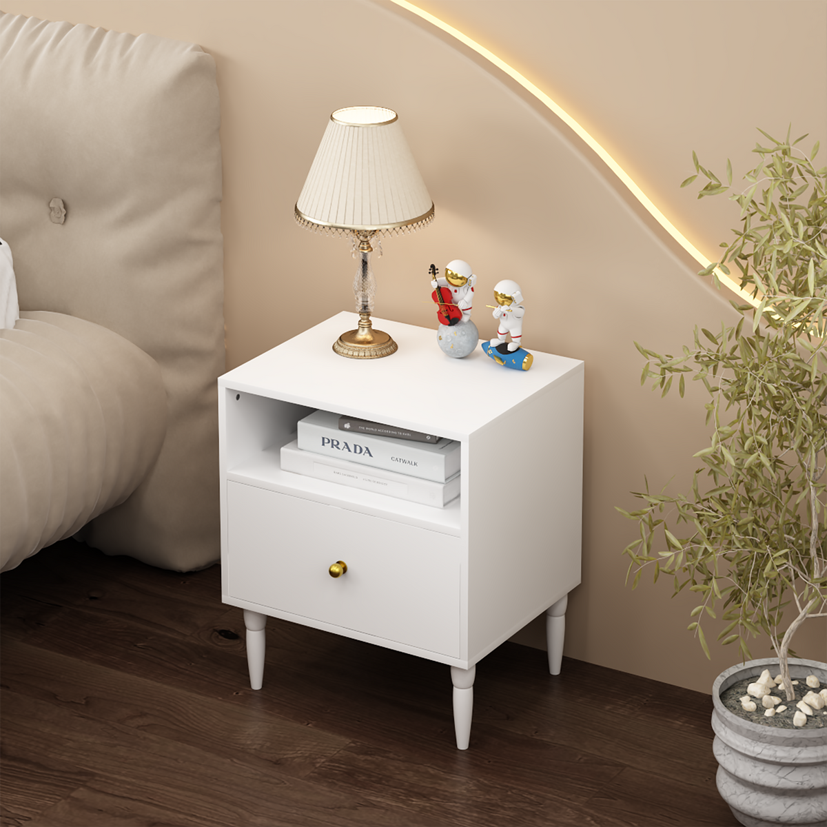 White Nightstand with Drawer, Open Shelf and Gold Knob