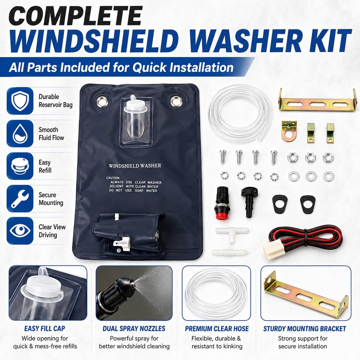 Universal Classic Car Windshield Washer Bag Kit 12V Complete Accessories