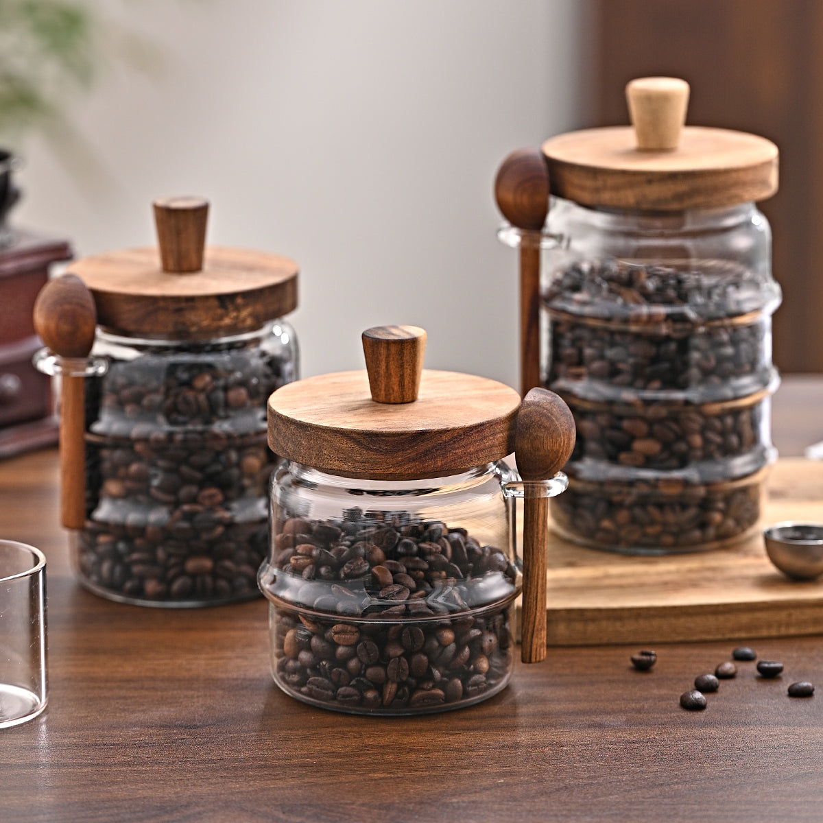 3 Piece Pcs Glass Coffee Jars With Spoons Candy Biscuit Storage Tea Snack Seasoning - Dimensions and Specifications