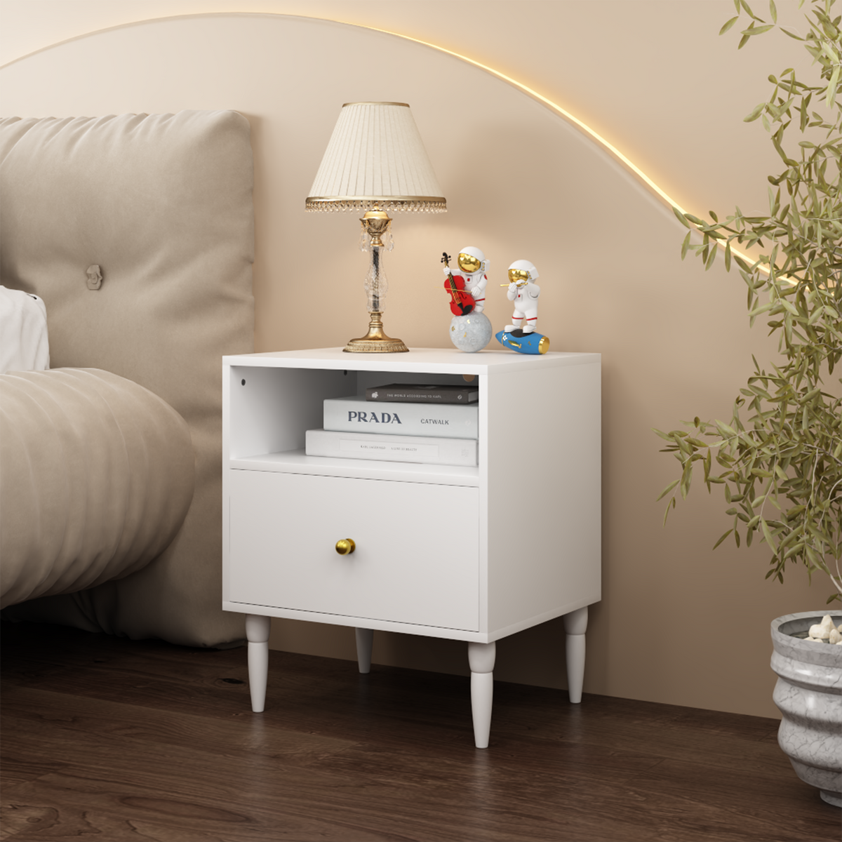 White Nightstand with Drawer, Open Shelf and Gold Knob