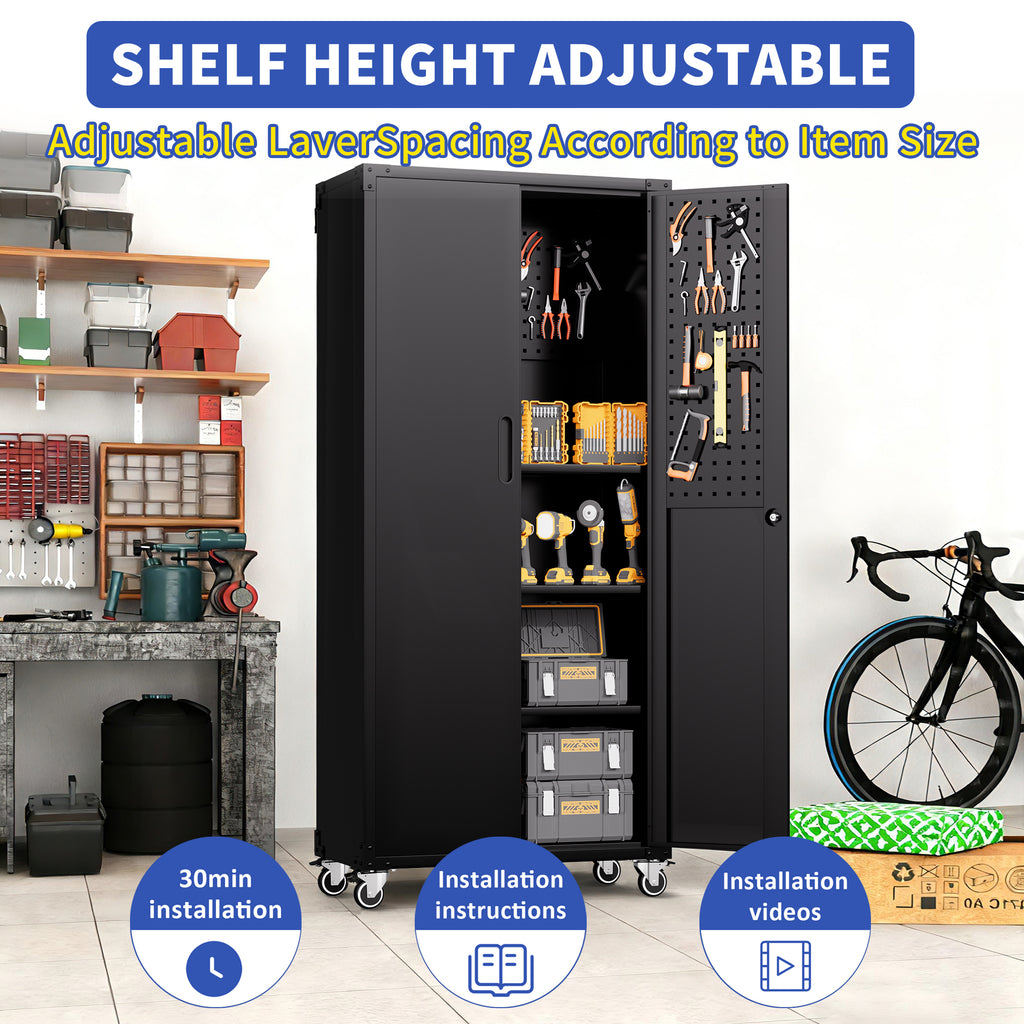 71 All Black Metal Garage Storage Cabinet With Wheels Heavy Duty Tool Storage - Image 2