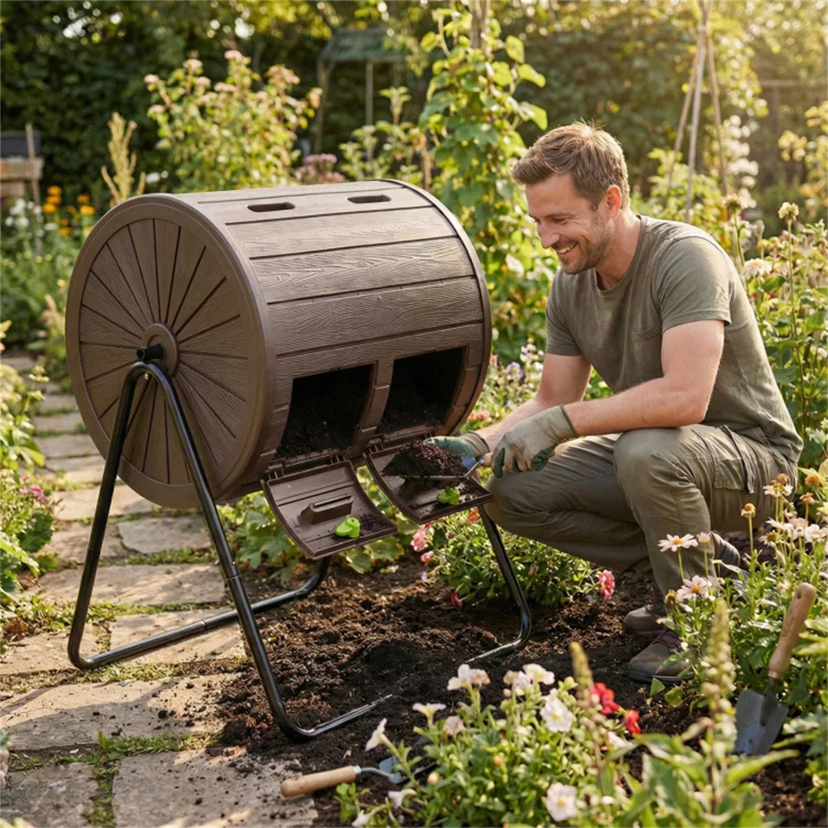 Dual Chamber Compost Tumbler 37.5Gal 360° Rotating Compost Bin with Stirring - Image 3
