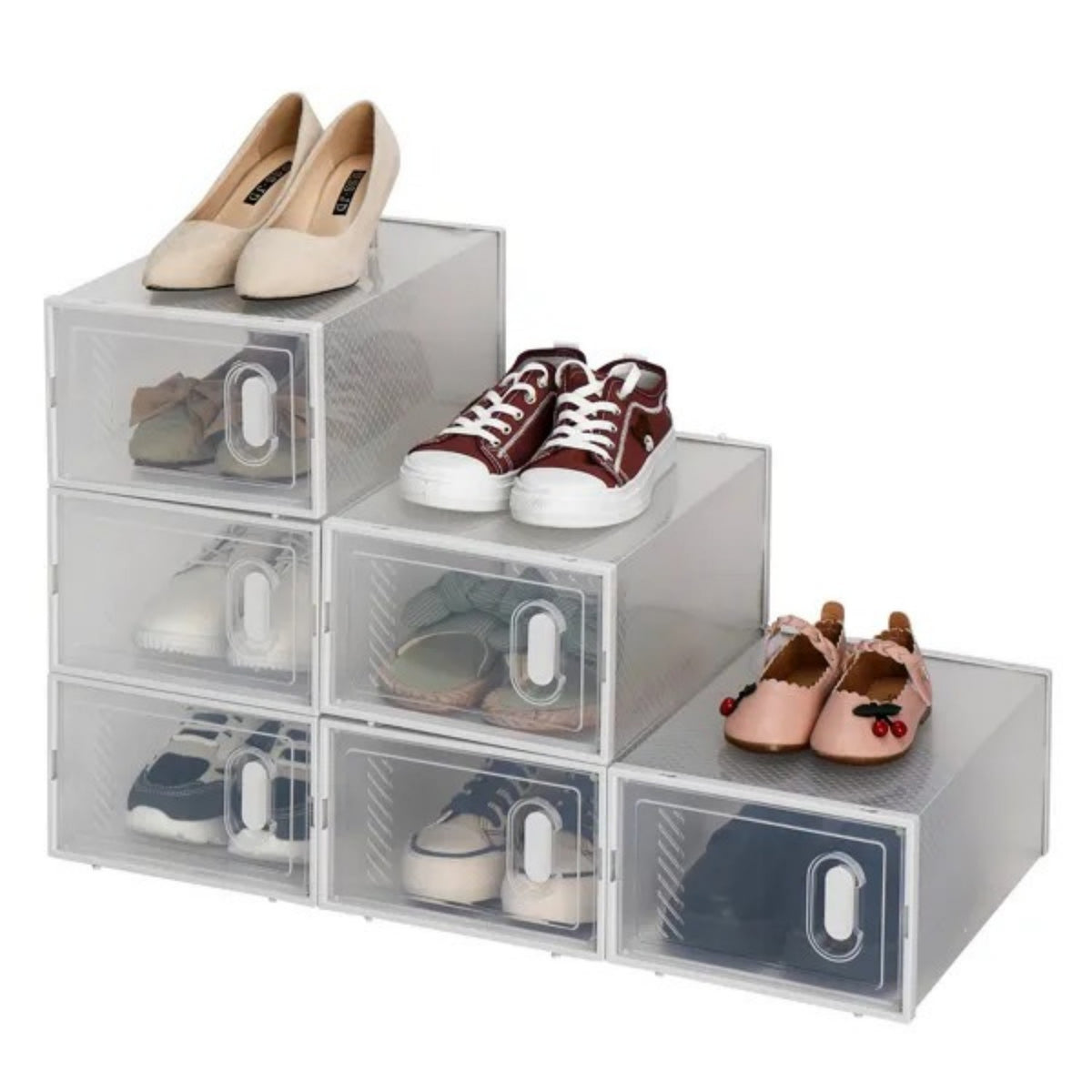 Shoe Storage Boxes 6 Pack Clear Plastic Stackable White - Main Front View