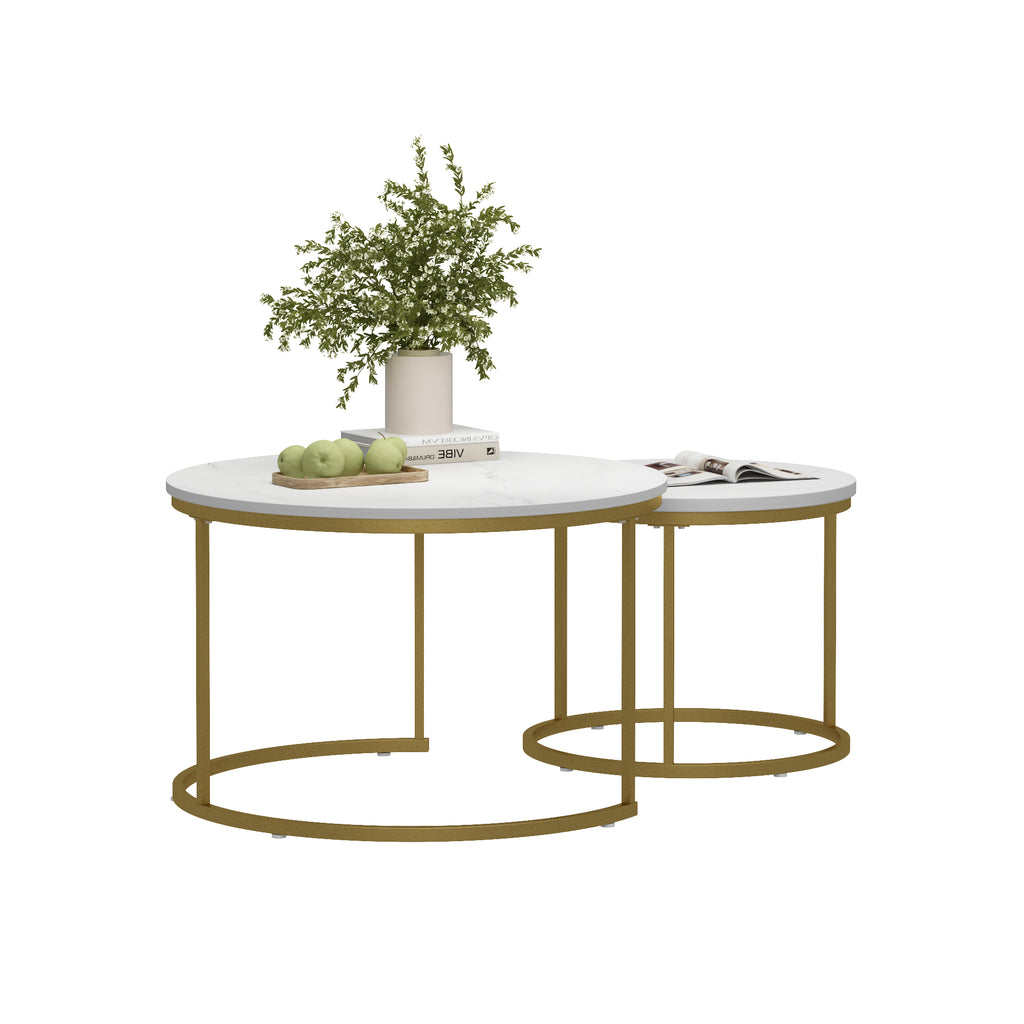 27.6in Nesting Coffee Table Set of 2 Round Coffee Table Wood Marble Pattern - Image 5