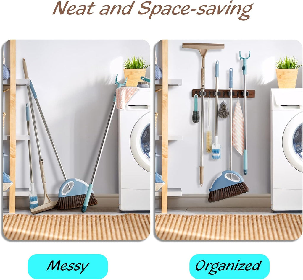 Wood Mop And Broom Holder Wall Mount 4 Slots And 4 Hooks Rustic Tool Rack For - Image 5