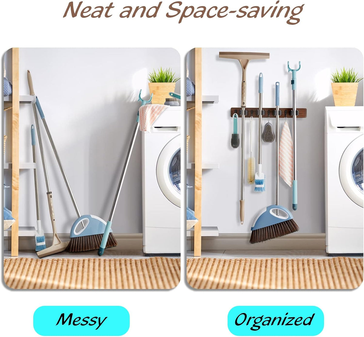 Wood Mop And Broom Holder Wall Mount 4 Slots And 4 Hooks Rustic Tool Rack For - Image 5