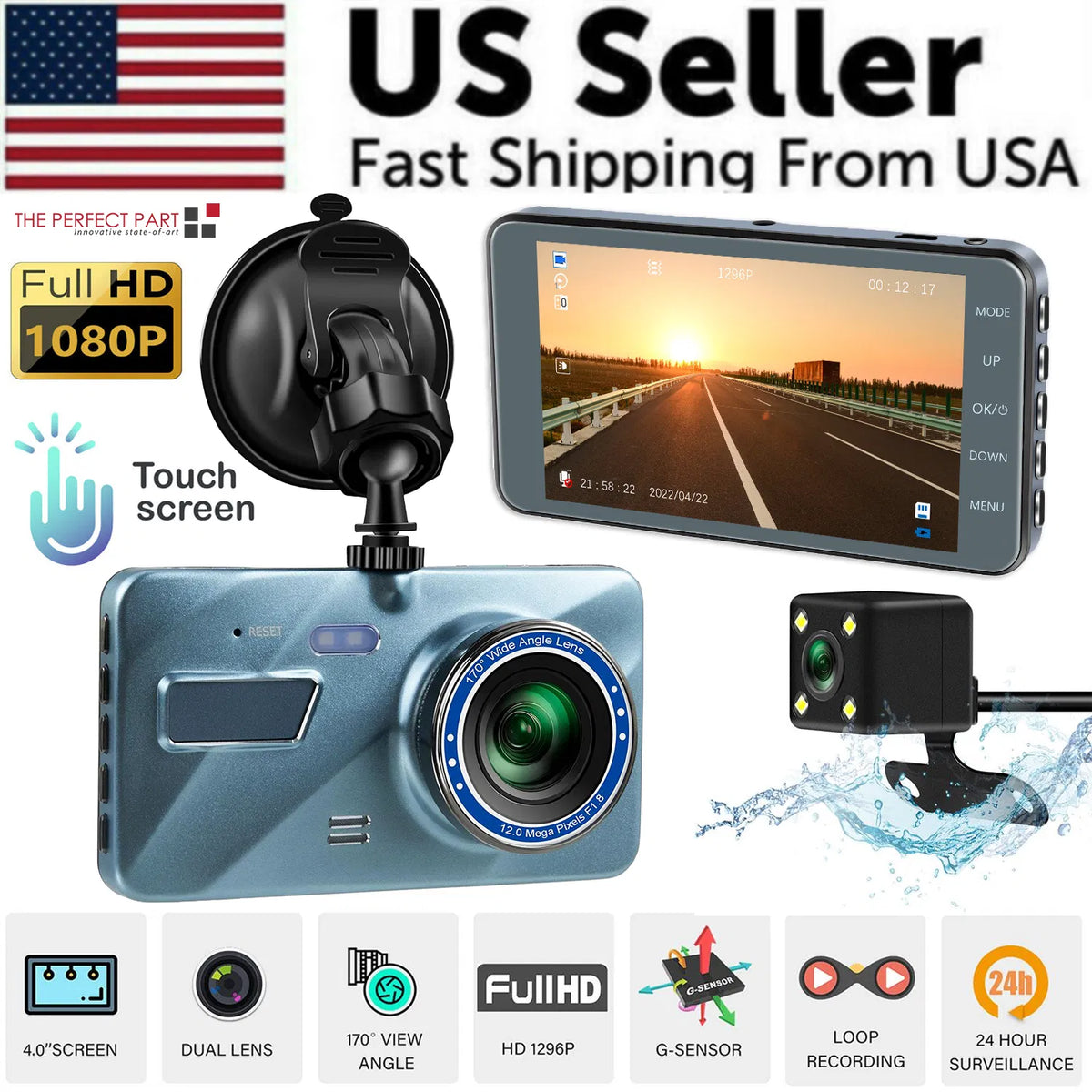 Touch Screen Dash Cam 4" 1080p Dual Lens Car DVR Recorder Front And Rear Camera