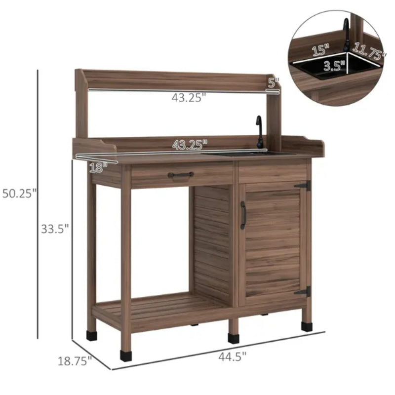 outdoor garden potting bench storage and work surface detail