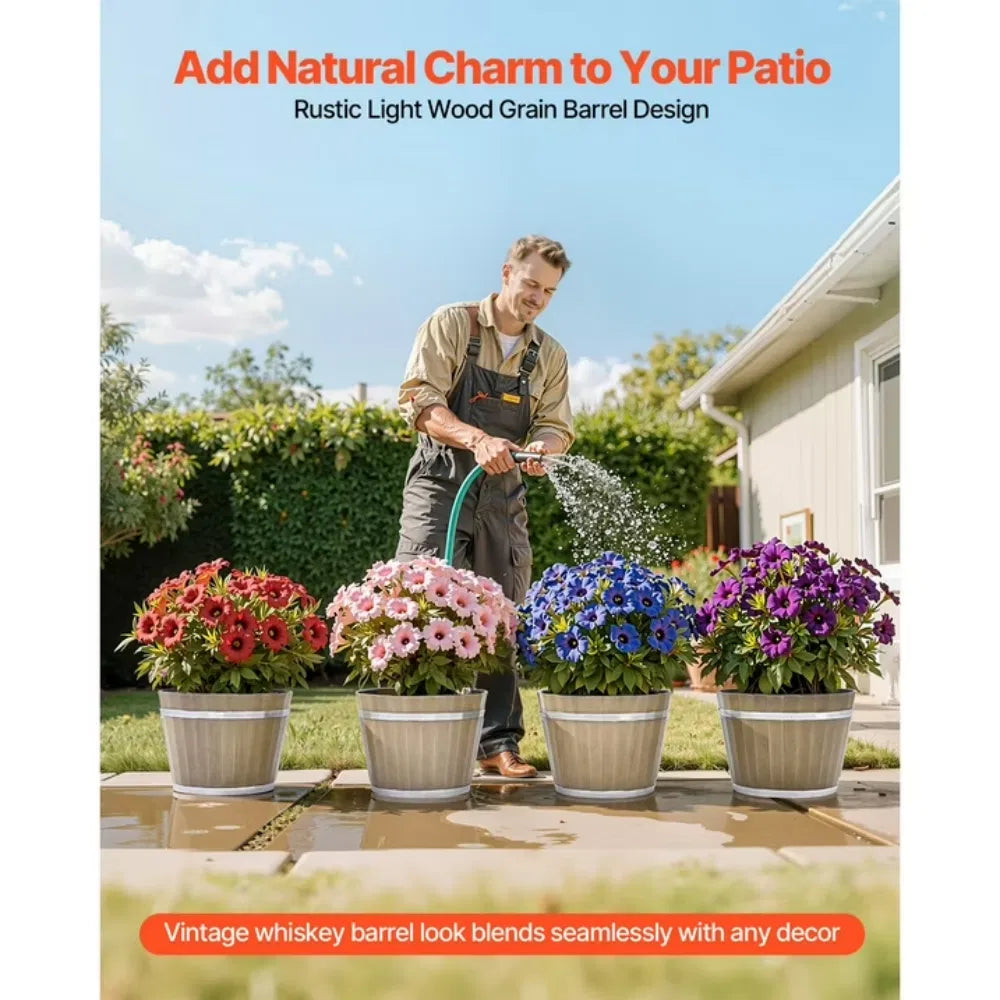 Set of 4 Large 11.81 inch Whiskey Barrel Style Planters with Drainage Holes - Image 4