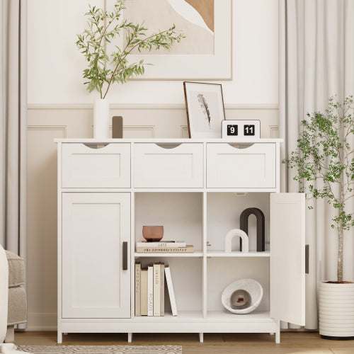 White Wooden Floor Storage Cabinet with Drawers and Shelves