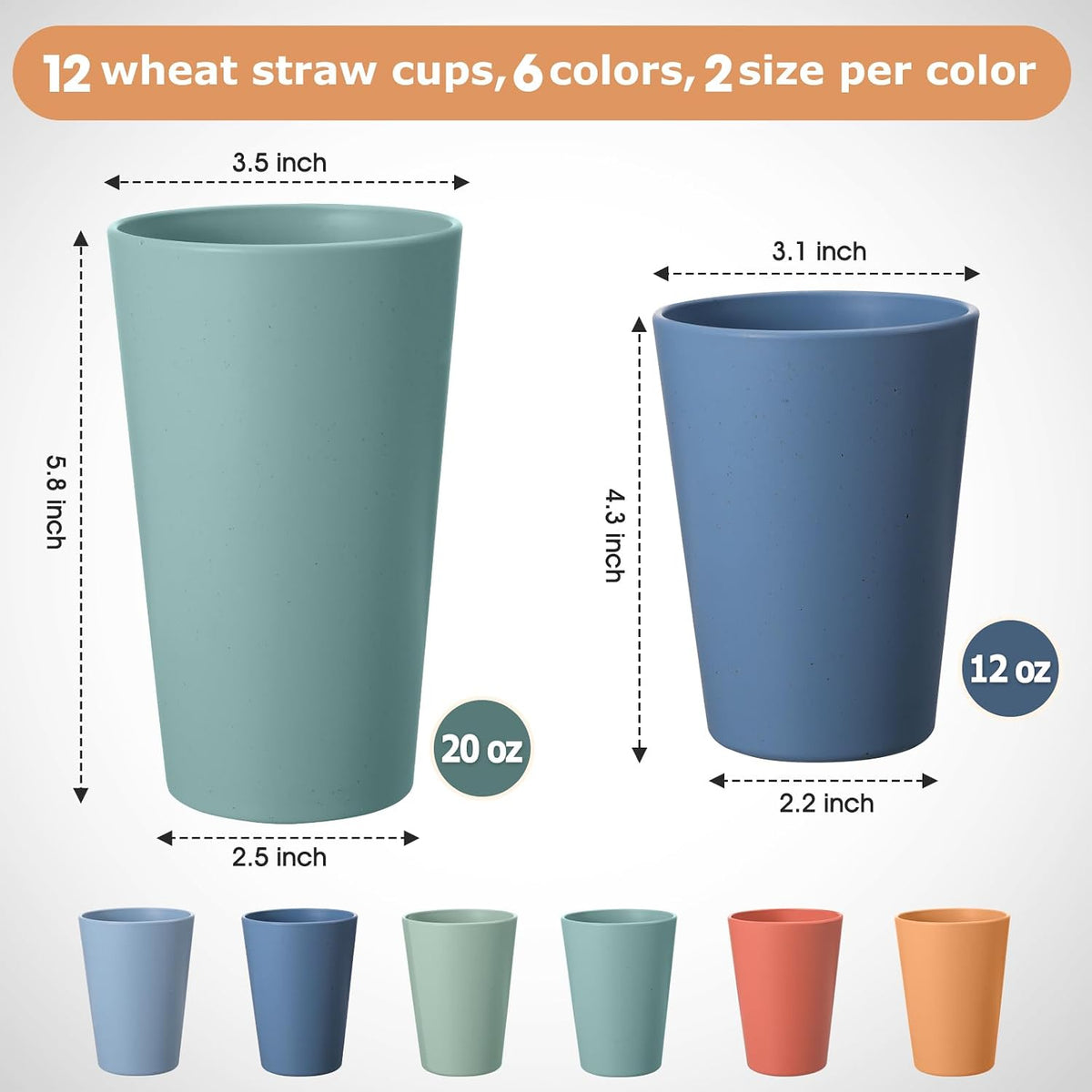 12 Pack Wheat Straw Cups 6 X 20 Oz & 6 X 12 Oz Reusable Unbreakable Plastic - Image 3