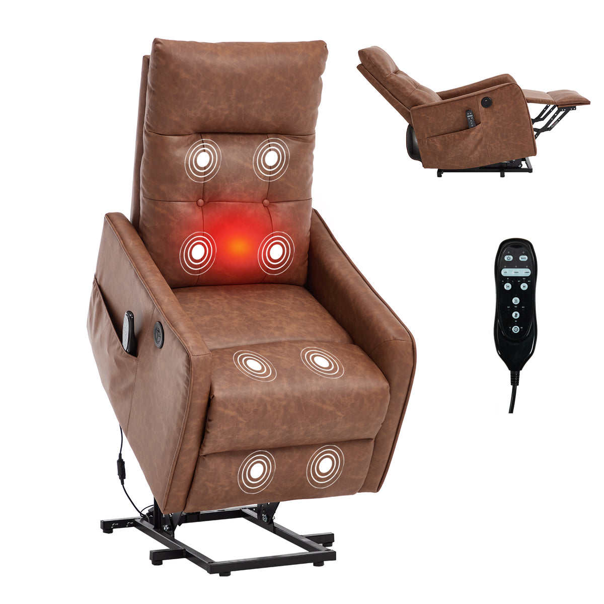 Brown PU Single Motor Power Lift Recliner Chair with Massage and Heat for - Image 2