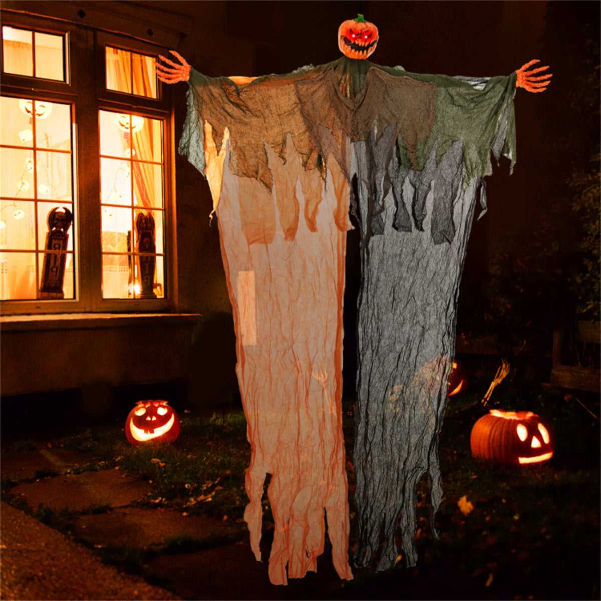 6FT Halloween Hanging Pumpkin Ghost With Red LED Eyes Poseable Arms Scary - Image 4