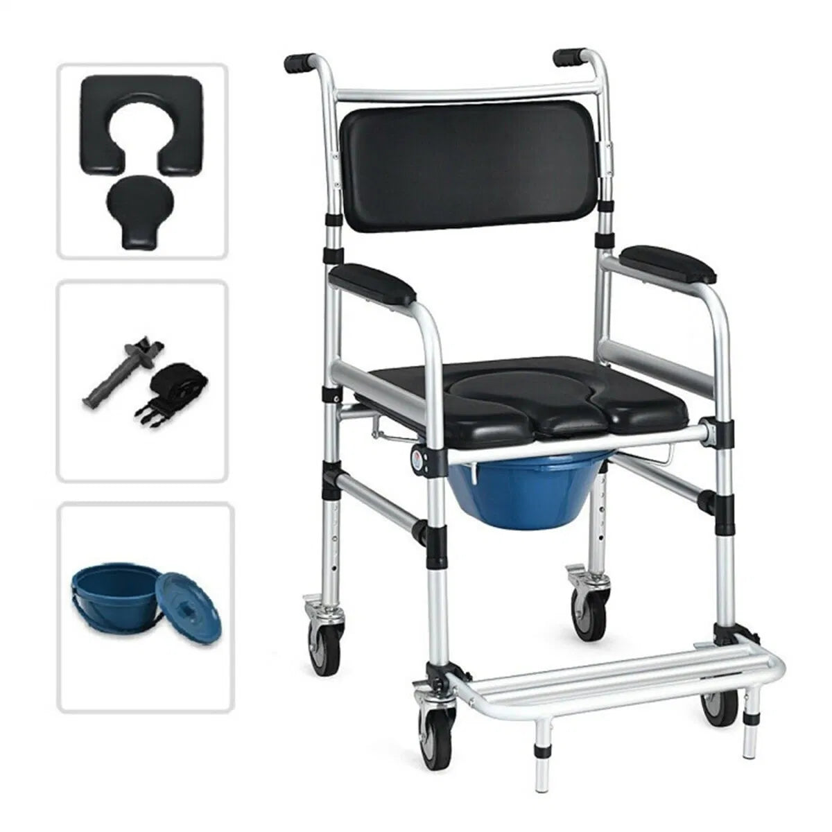 2 in 1 Aluminum Commode Shower Wheelchair Bath/Toilet Use Adjustable Height - Image 3