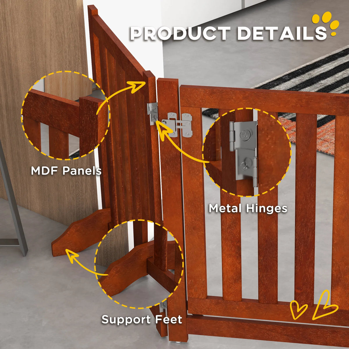 Foldable Dog Gate with Door 4 Panels Fressstanding Pet Gate Brown