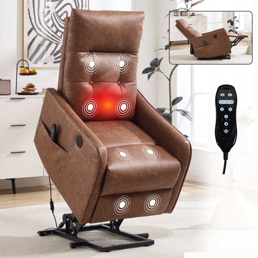 Brown PU Single Motor Power Lift Recliner Chair with Massage and Heat for - Image 3