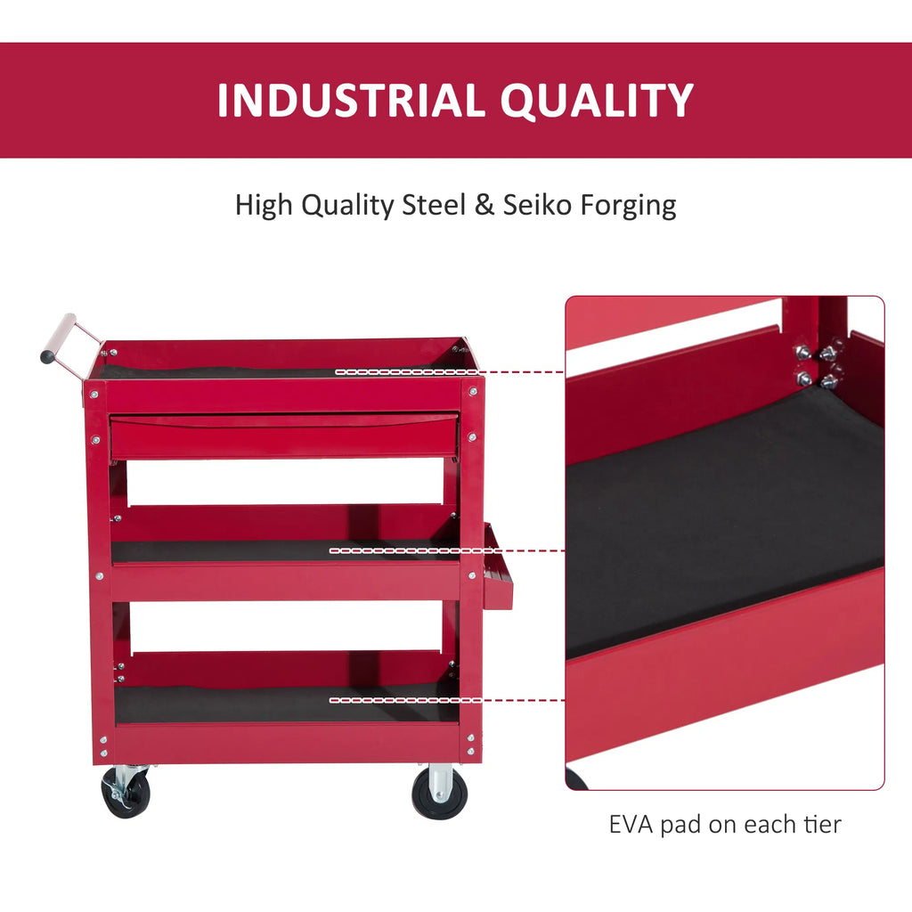 Tool Cart With 3 Tray 1 Drawer Storage Chest Garage Utility Red - Image 4