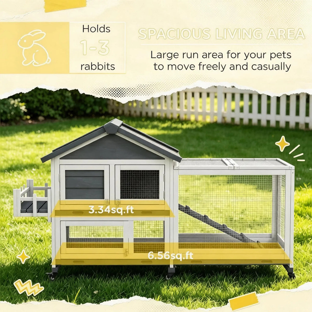 Gray 65" Spacious Wooden Rabbit Hutch Pet Playpen With Openable Roof For Easy - Image 3