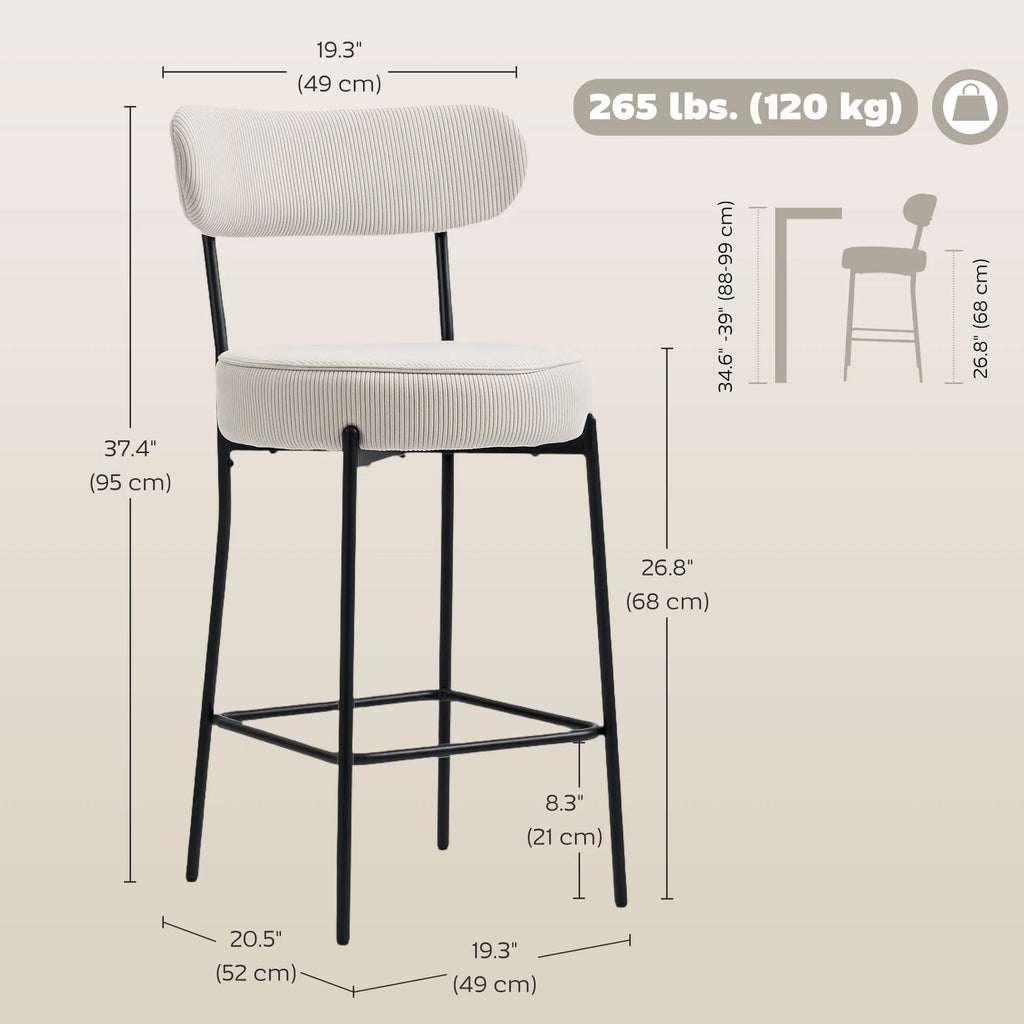 Set of 2 Barstools Upholstered Corduroy Bar Stools with Backrest Footrest for - Image 3