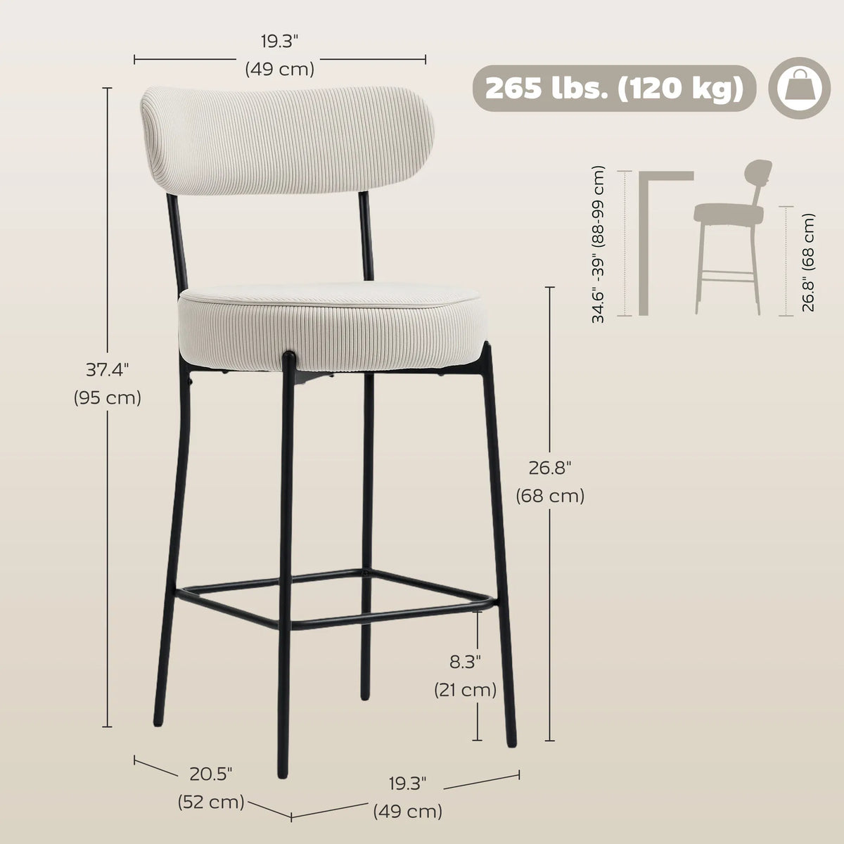 Set of 2 Barstools Upholstered Corduroy Bar Stools with Backrest Footrest for - Image 3