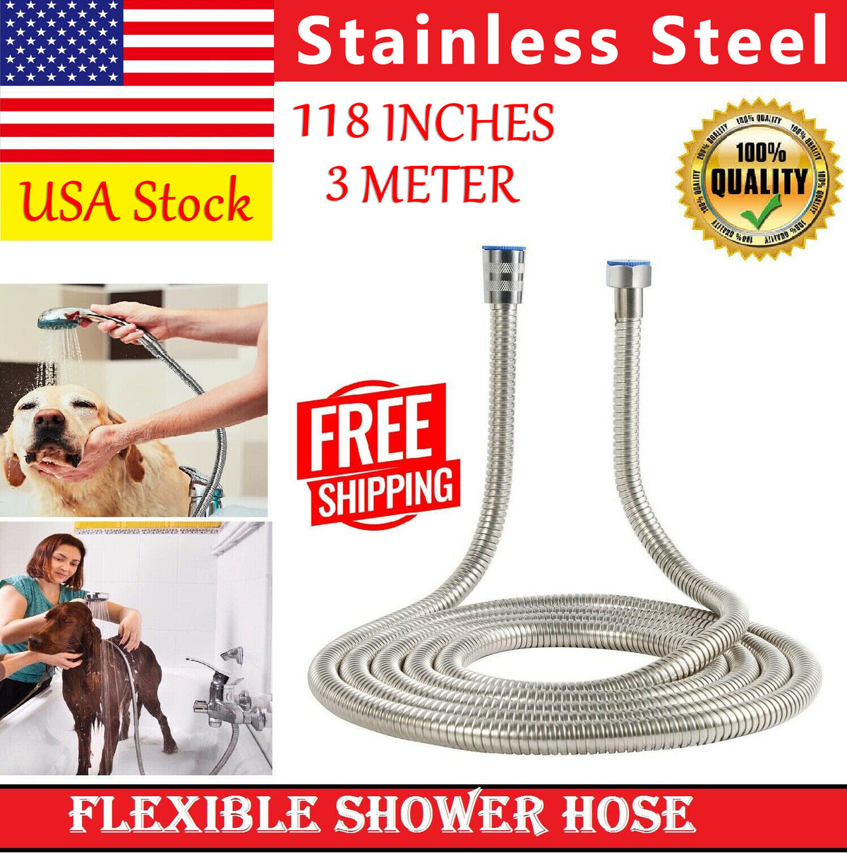 118inch 3 M Shower Hose Flexible Stainless Steel Chrome Shower Head Hose Pipe - Image 3