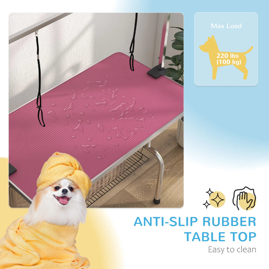 Adjustable Dog Grooming Table with 2 Safety Slings Storage Basket Pink - Image 3