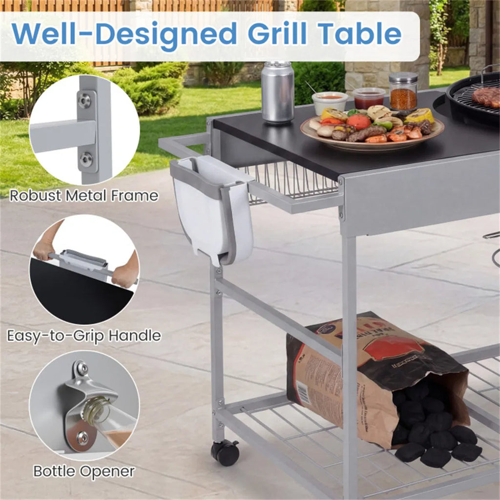Outdoor Grill Cart For 18 22 Inch Kettle Grills Metal BBQ Stand With Lid - Image 3