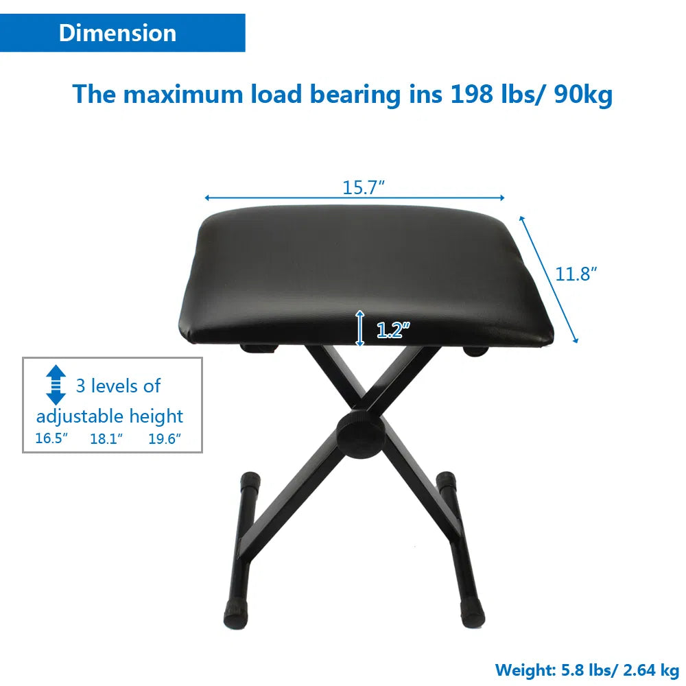Dual tube X Shape Keyboard Stand + Adjustable Folding Piano Bench Stool Seat Black - Image 2