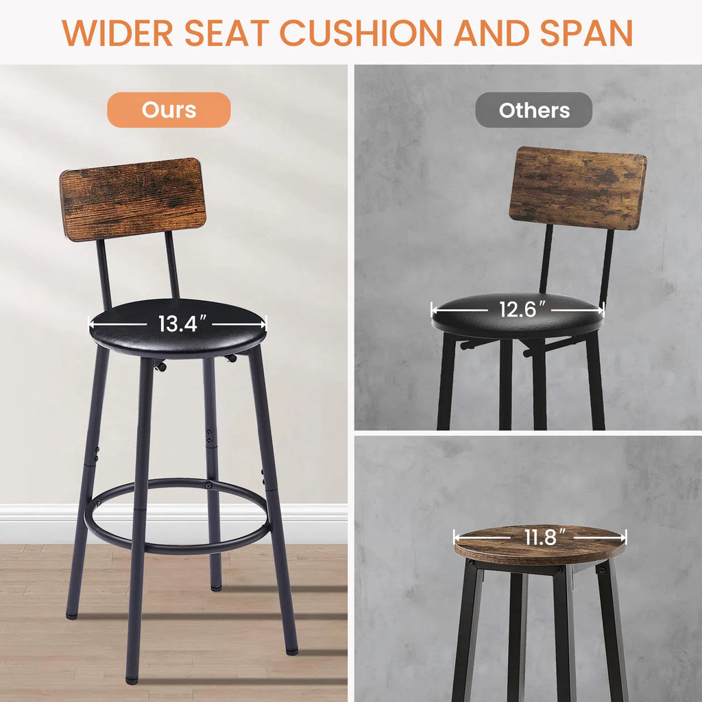 Round bar stool set with shelf upholstered stool with backrest Rustic Brown