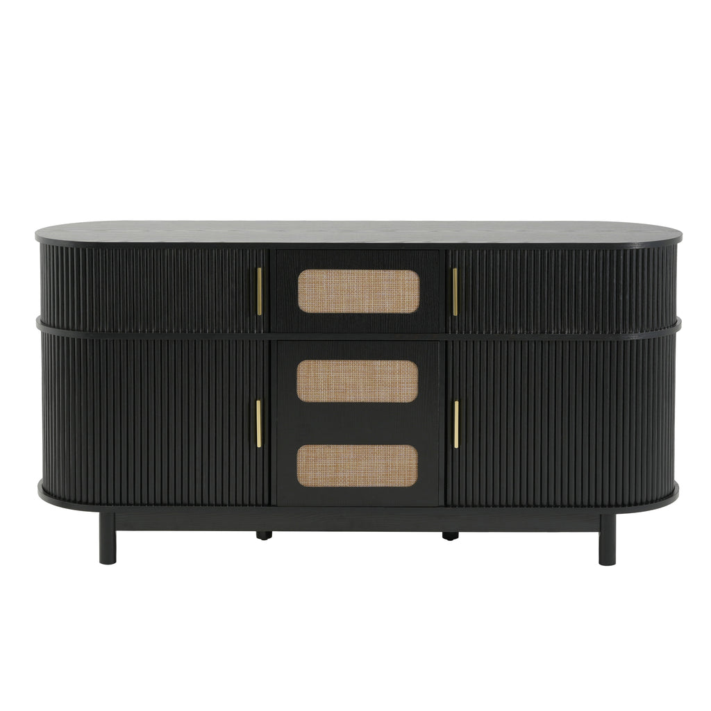 60.04" Black Sideboard Buffet Cabinet with 4 Sliding Fluted Doors for Dining