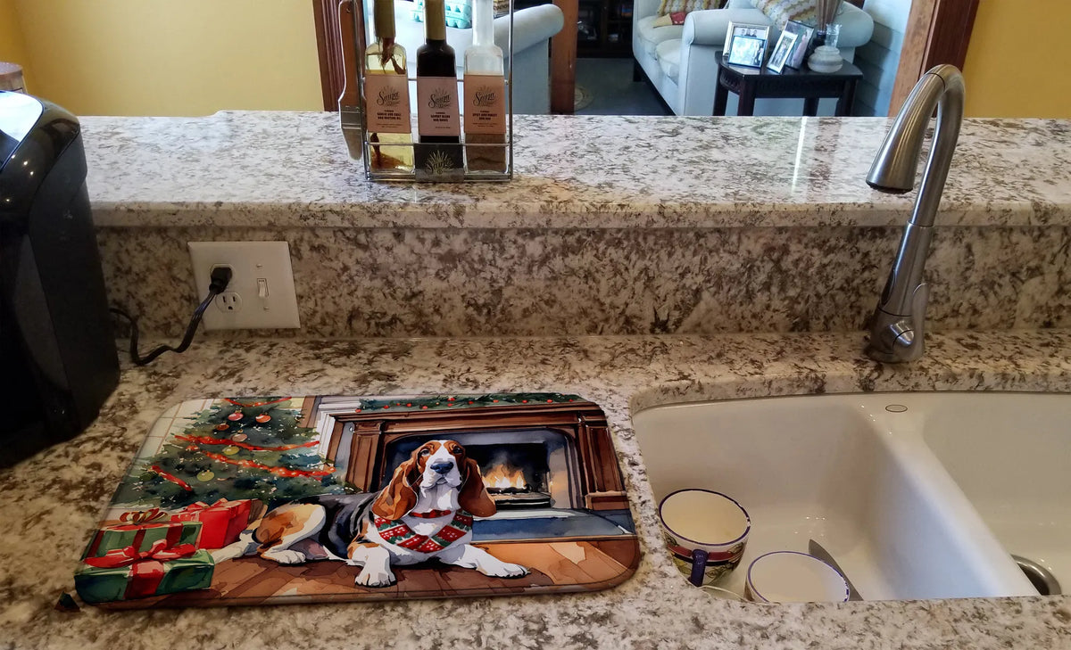 Basset Hound Cozy Christmas Dish Drying Mat Absorbent Dish Drying Mat Pad for