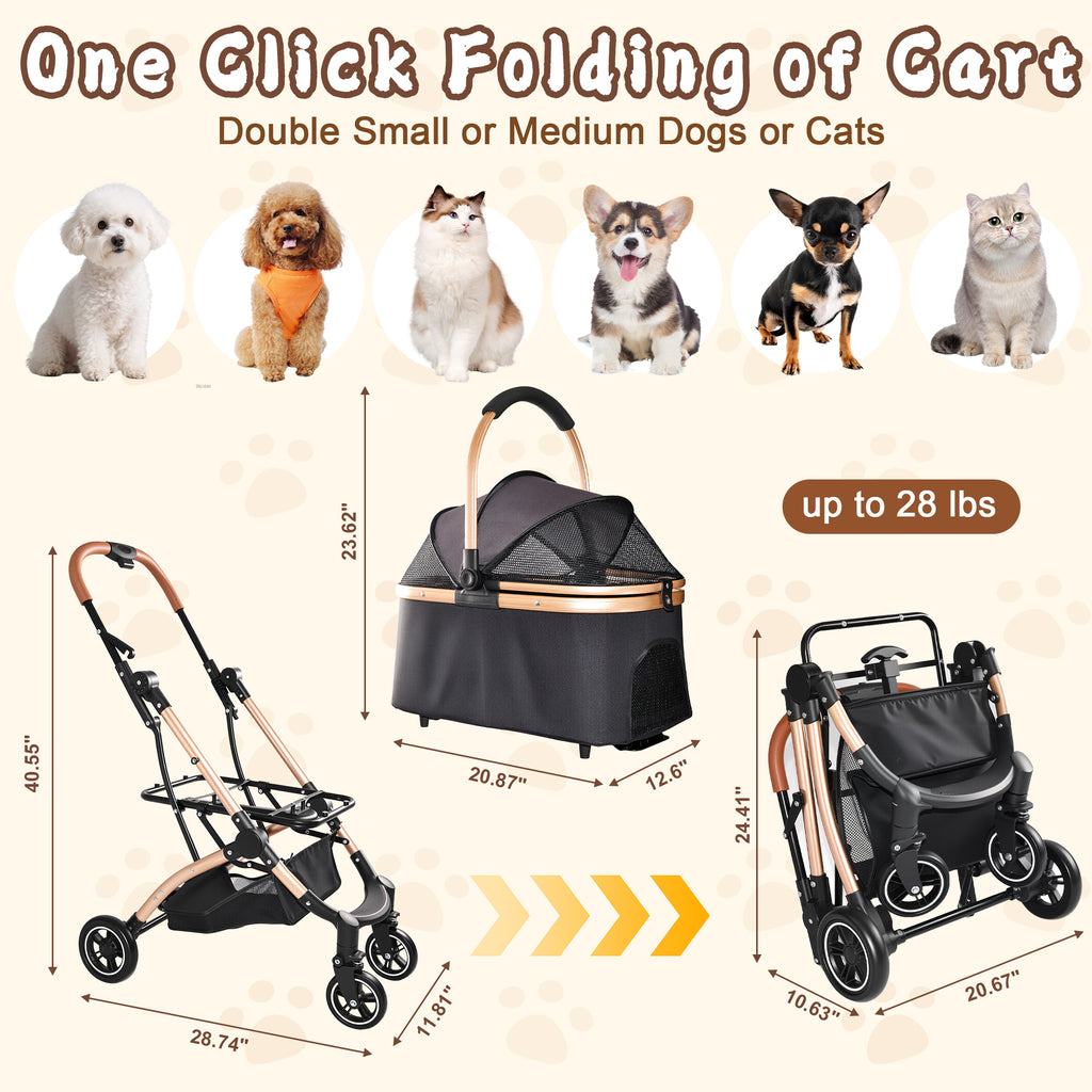 Pet Stroller for Dogs and Cats 2 in 1 Detachable Foldable 4 Wheels Pet