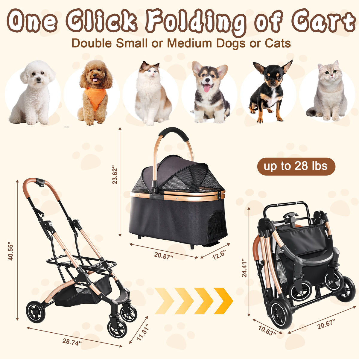 Pet Stroller for Dogs and Cats 2 in 1 Detachable Foldable 4 Wheels Pet