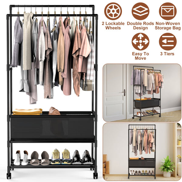 3 Tiered Portable Clothing Rack For Bedroom Entryway Double Hanging Rods Sturdy - Image 3