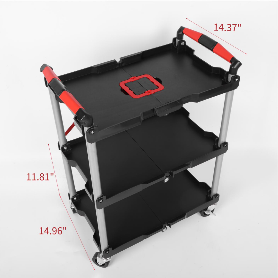 Foldable Utility Service Cart 3 Shelf Heavy Duty Plastic Rolling Cart With - Image 2