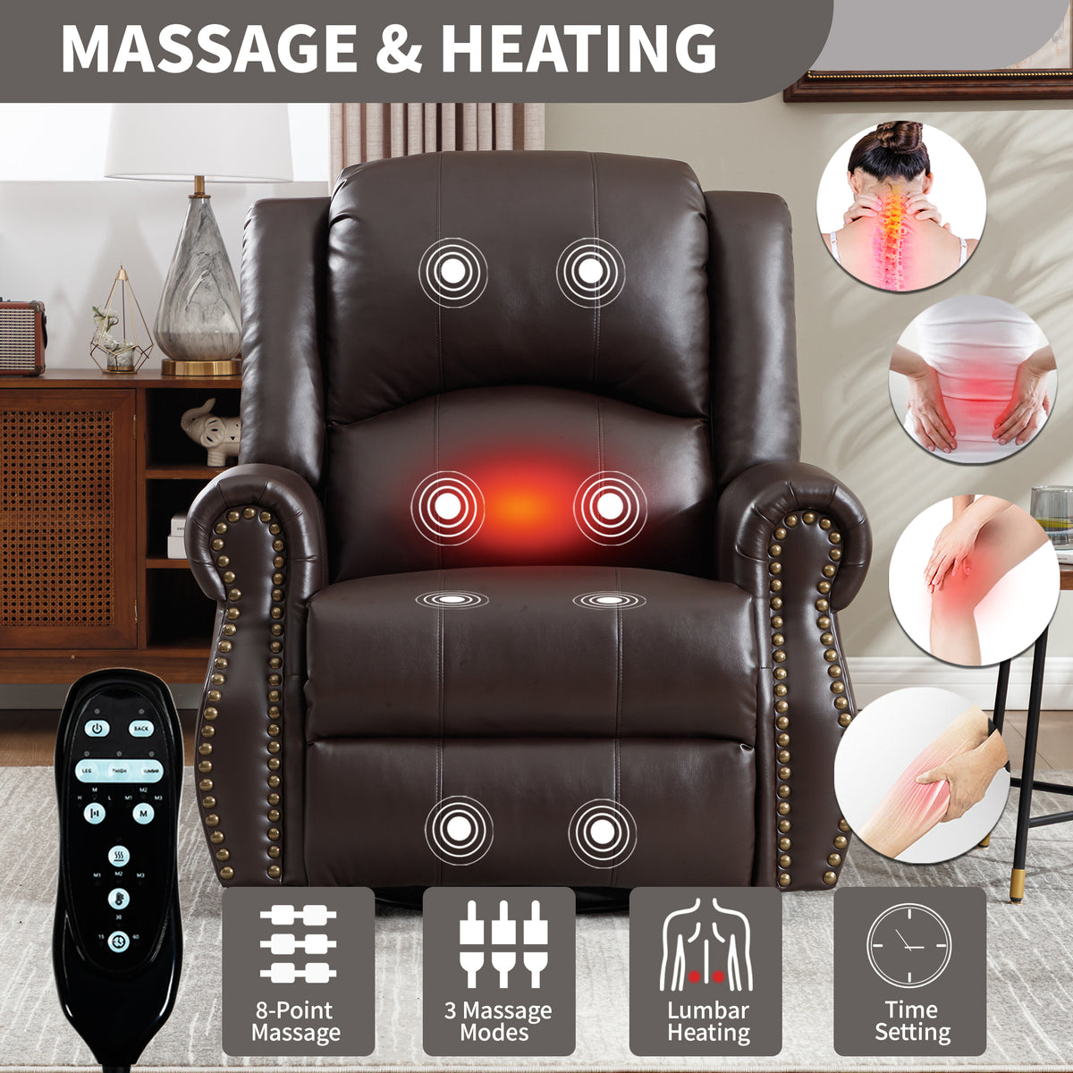 Heat Massage Manual Recliner Chair with Rocker and Swivel in Fabric for Living