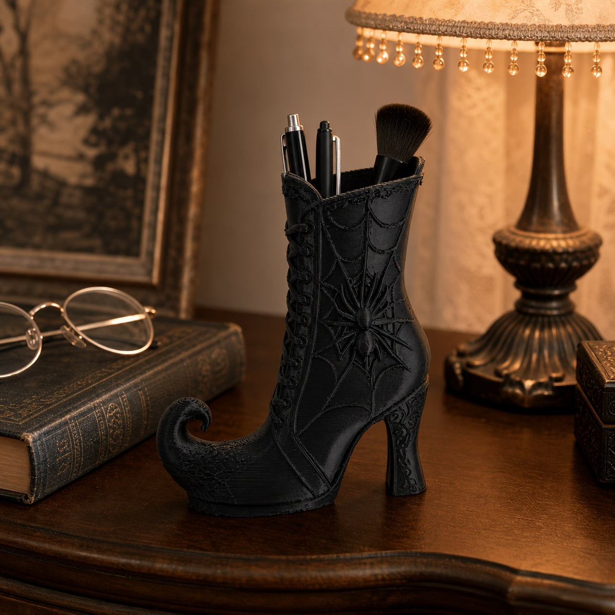 3D Printed Gothic Spiderweb Boot Pen Holder Halloween High Heel Desk - Image 5