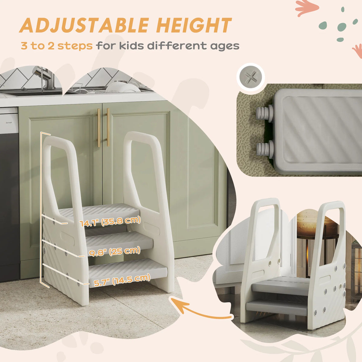 Adjustable Height Toddler Step Stool with Handle & Foot Pads Grey - Image 4