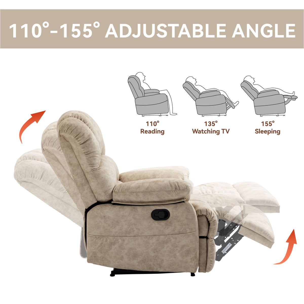 Large Manual Recliner Chair in Fabric for Living Room Beige