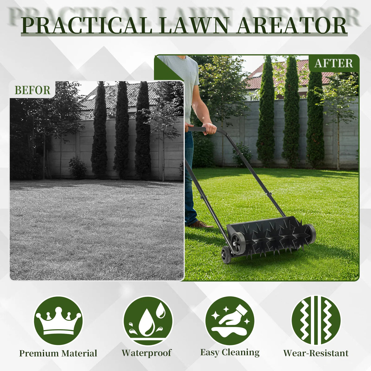 19in Push Spike Aerator Heavy Duty Rolling Lawn Aerator Rotary Spike Lawn - Image 3