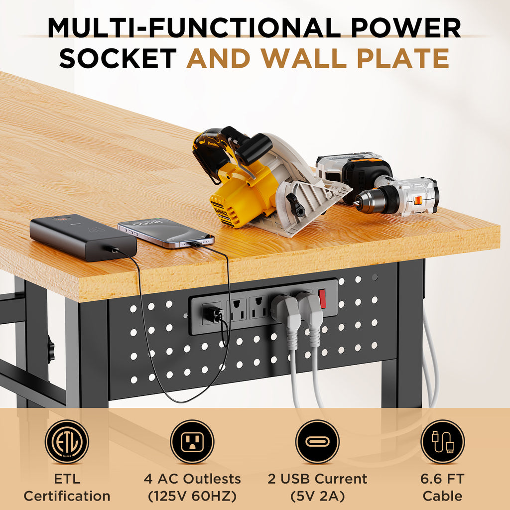 96 Inch Adjustable Workbench with Side Pegboard and Solid Wood Top - Dimensions and Specifications