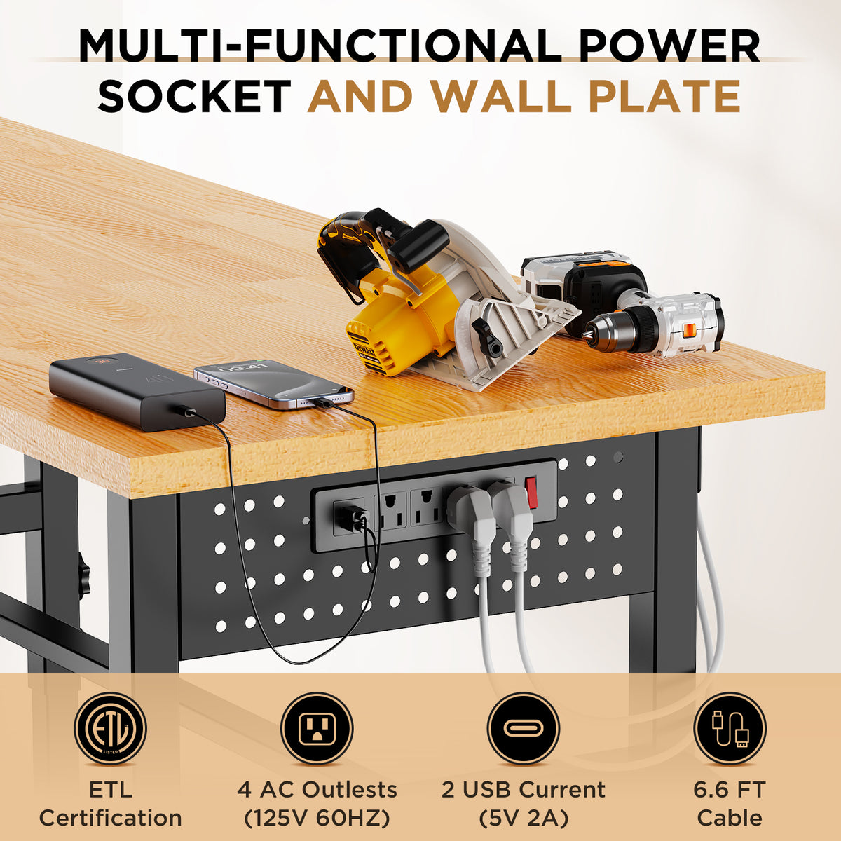 96 Inch Adjustable Workbench with Side Pegboard and Solid Wood Top - Dimensions and Specifications