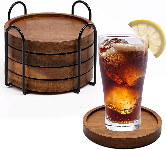 4 Pcs Wooden Drink Coasters With Holder Absorbent Coaster Set For Coffee - Image 2