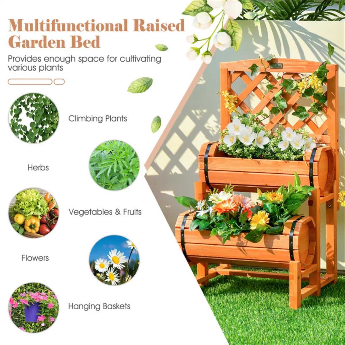 Solid Fir Wood Raised Garden Bed With Trellis Cylindrical Planter Box - Image 3