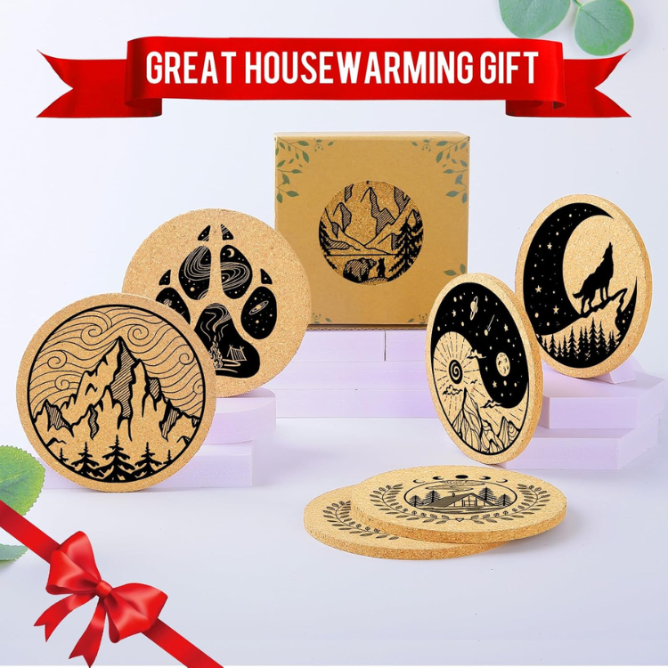6 Piece Mountain Cork Coaster Set With Holder Inch Round Absorbent Drink - Image 3