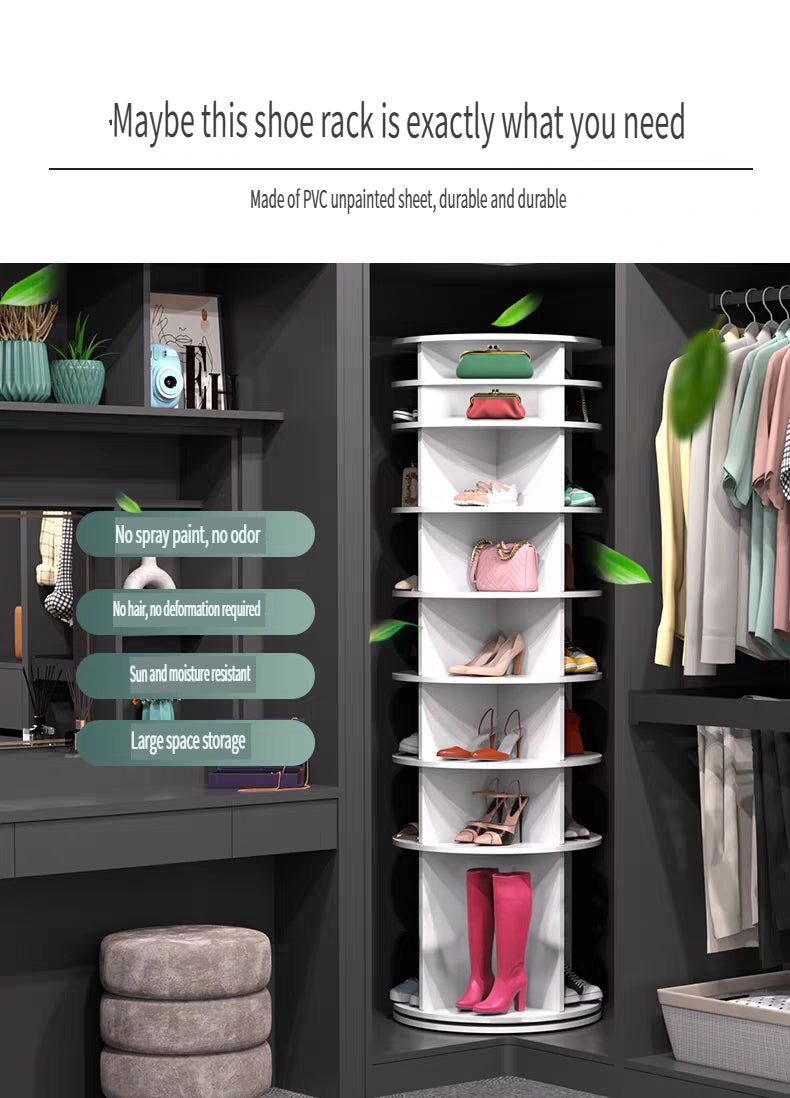 8-Tier Rotating Shoe Rack Tower 360 Degree Spinning Organizer - Side Profile and Dimensions