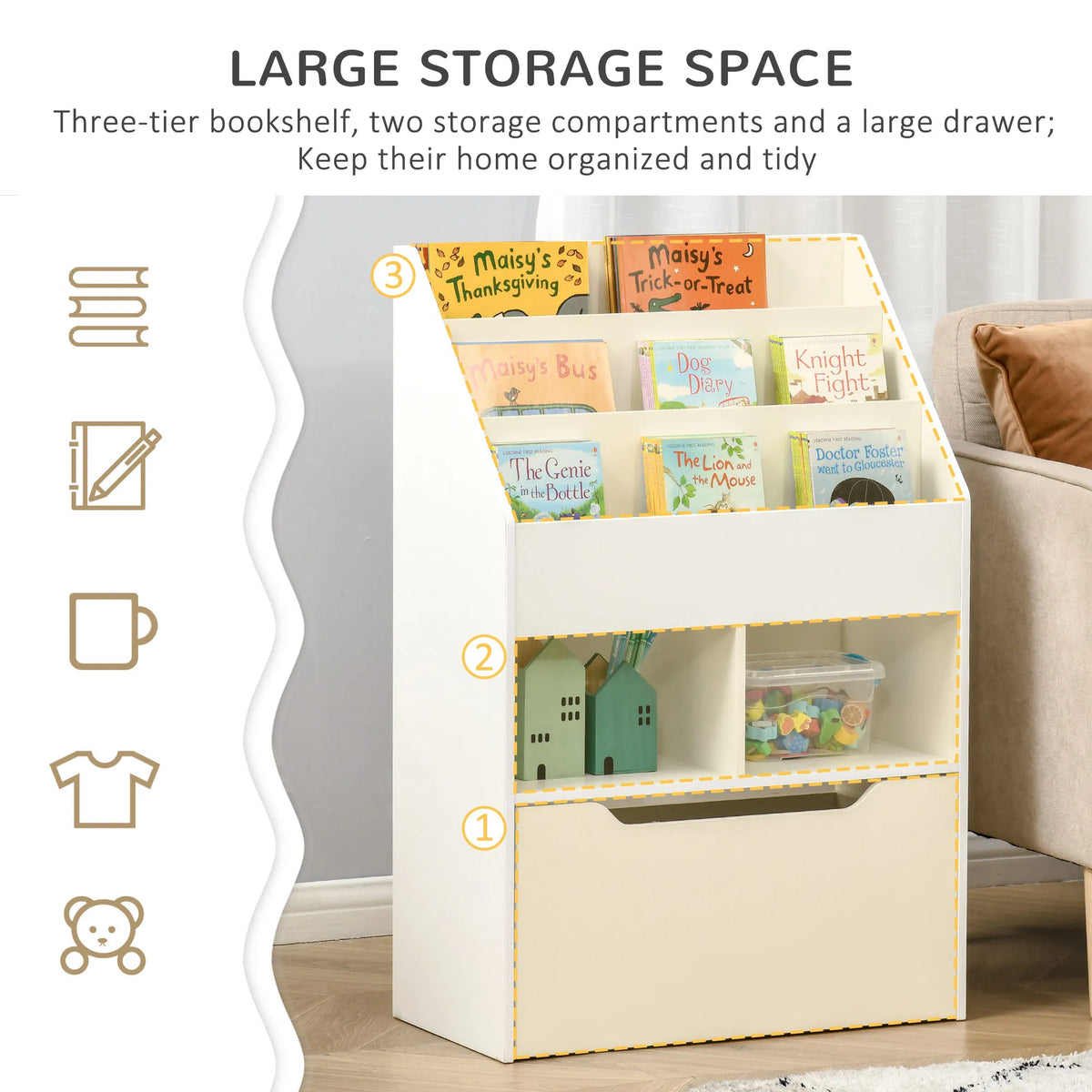 Kids Bookcase Multi Shelf Rack Organizer with Storage Drawer for Books for - Image 3