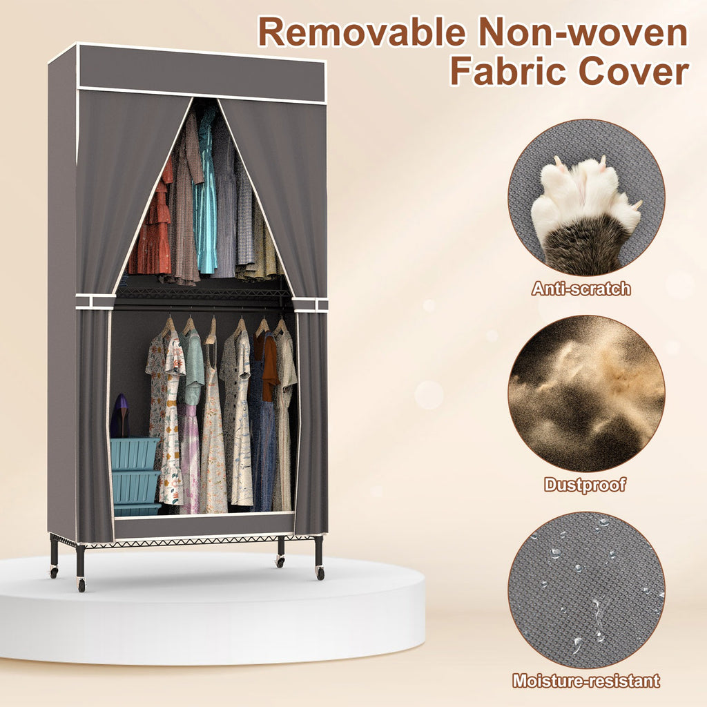 1Pc 2 Tier Foldable Clothing Rack With Cover Portable Wardrobe Closet Covered