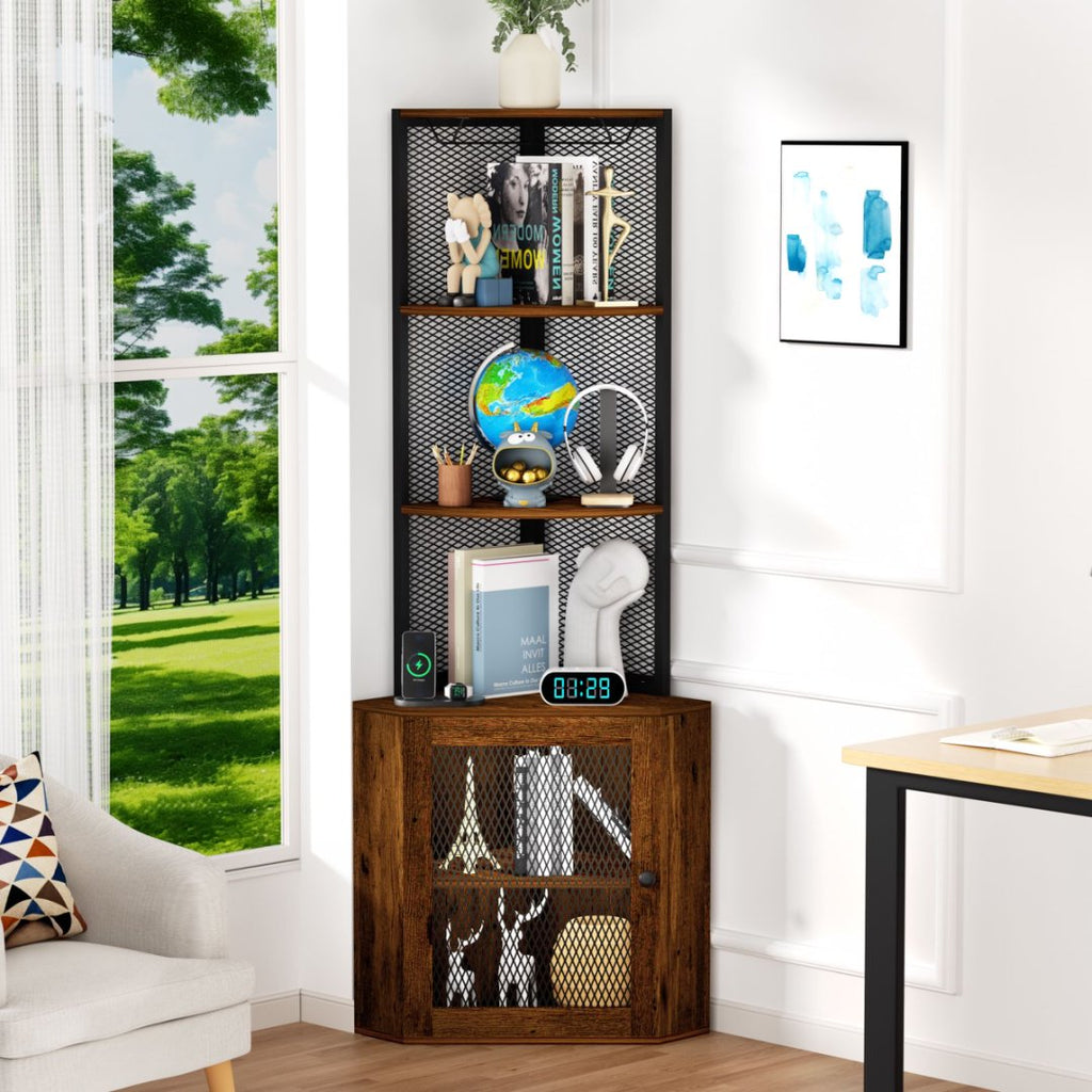 Corner Shelf With Doors 65 Cabinet Shelves Wine Glass Rack 6 Tier Bookshelf - Image 9