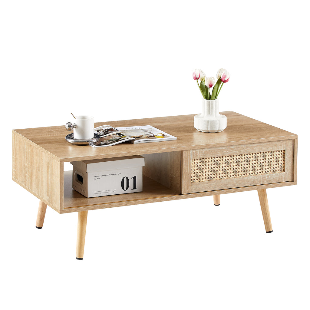 41.34inch Rattan Coffee Table Sliding Door Modern Table For Storage Solid Wood Legs - Image 2